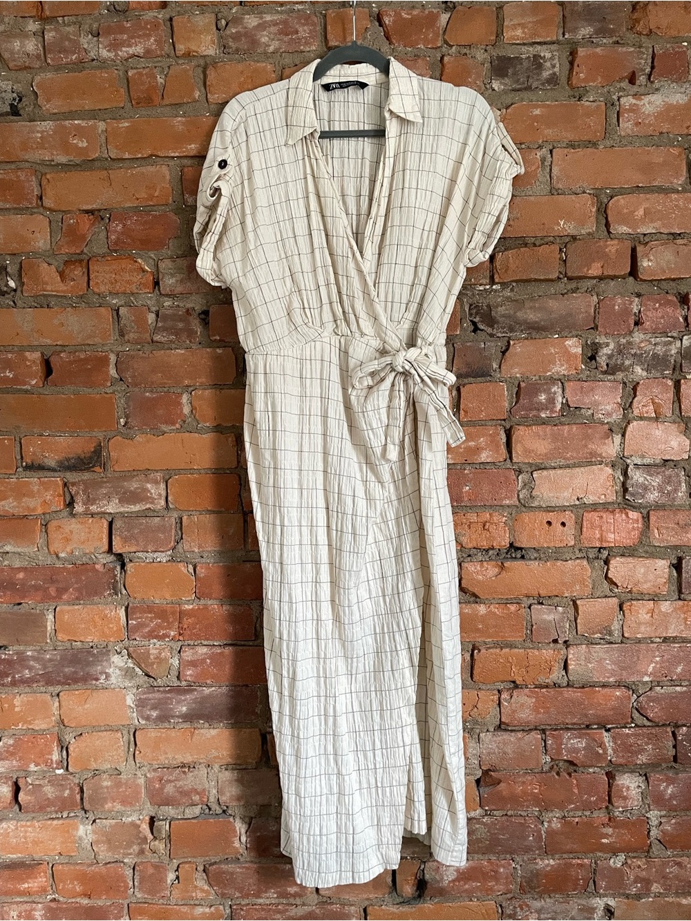 Zara Cream Plaid Wrap Midi Dress, Cotton, Medium